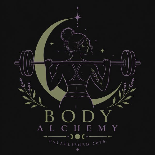 Body Alchemy logo - a figure lifting a barbell framed by a crescent moon and laurels